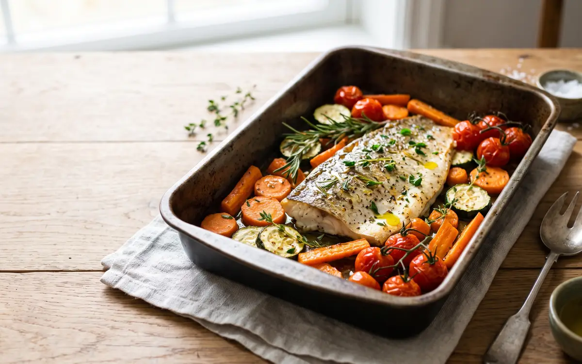 Filé de peixe assado com legumes no forno