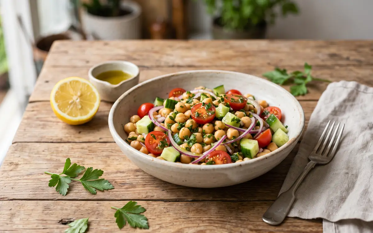 Salada de grão-de-bico com legumes: fresca e prática